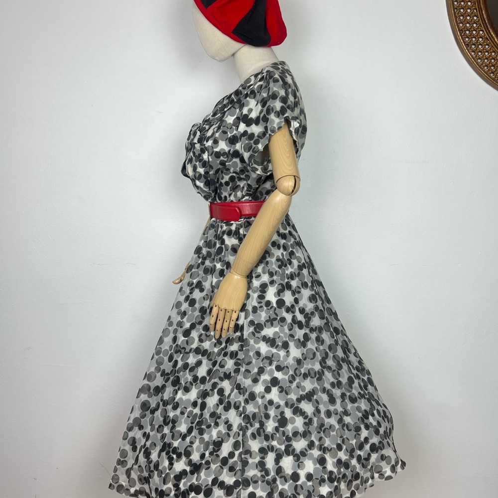 1950’s Vintage BLACK & WHITE Polkadot Polka Dot Chiffon Overlay Party Dress L XL - Picture 7 of 16